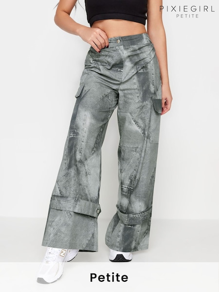 PixieGirl Petite Grey Denim Print Cargo 100% Cotton Trousers (F74740) | £34