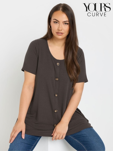 Yours Curve Brown Button Front Ribbed Blouses (F74751) | £22