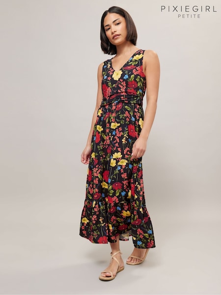 PixieGirl Petite Black Floral Ruched Waist Tiered Maxi Dress (F74767) | £39