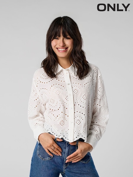 ONLY White Long Sleeved Broderie Anglais Shirt in 100% Cotton (F74817) | £32