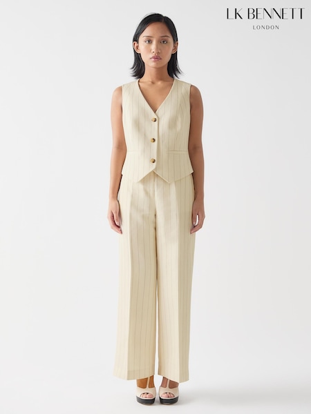 LK Bennett Cream Petite Amore Linen Blend Pinstripe Wide Leg Trousers (F74857) | £229