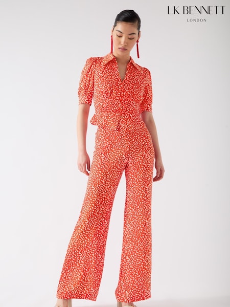 LK Bennett Red Sophie Aurora & Birch Viscose Ikat Spot Print Trousers (F74891) | £199