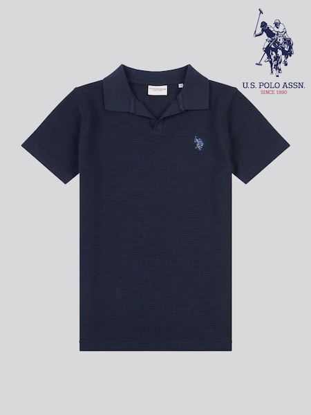 U.S. Polo Assn. Blue Boys Waffle Texture Open Collar Polo Shirt (F74959) | £45 - £54