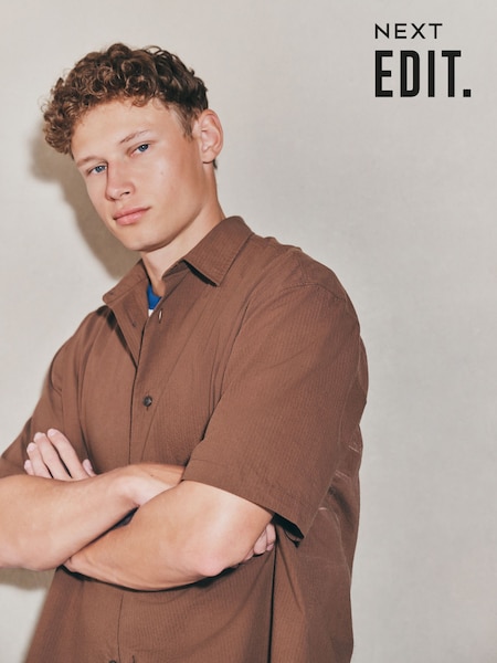 Brown EDIT Boxy Fit Seersucker Short Sleeve Shirt (F74998) | £35