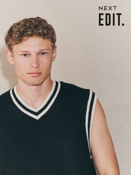 Black EDIT Regular Fit Tipped Knitted V-Neck Tank (F75017) | £28