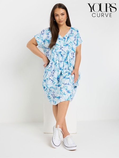 Yours Curve Blue Pleated Front Dress (F75146) | £34