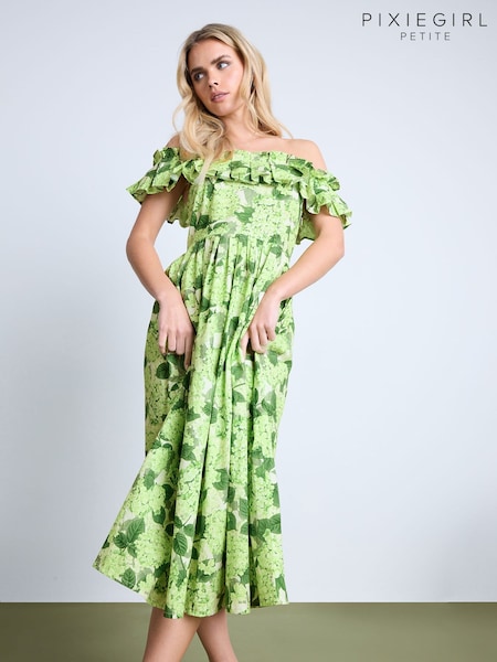 PixieGirl Petite Green Pleated Bardot 100% Cotton Dress (F75148) | £45