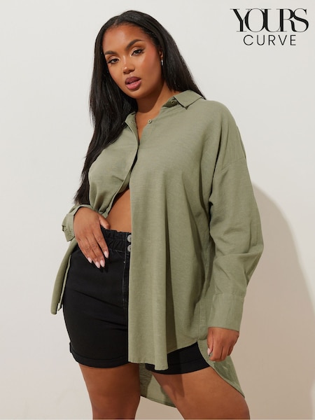 Yours Curve Green Long Sleeve Linen Shirt (F75149) | £29
