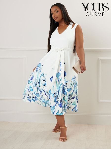 Yours Curve White London Floral Split Shirred Dress (F75152) | £70