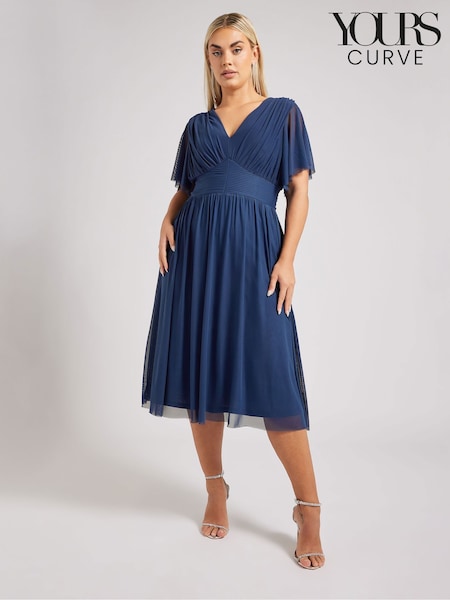 Yours Curve Blue London Pleated Gathered V-Neck Dress (F75157) | £80