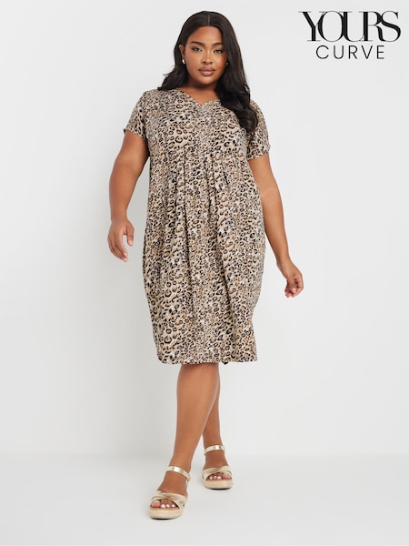 Yours Curve Brown Pleated Front Dress (F75158) | £34