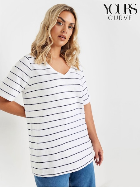 Yours Curve White 100% Cotton Stripe V-Neck T-Shirt (F75215) | £20