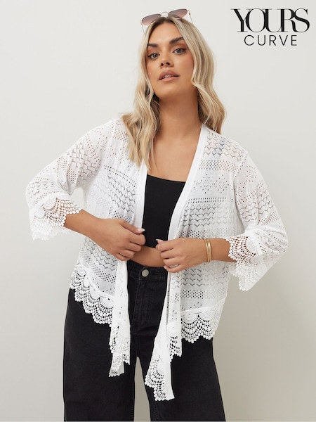Yours Curve White Waterfall Lace Trim Cardigan (F75221) | £27