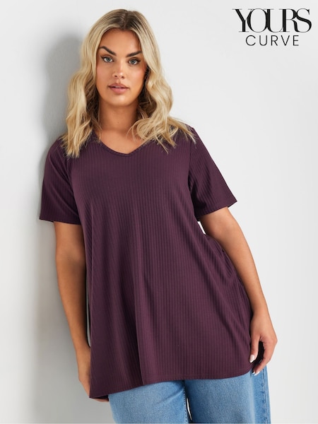 Yours Curve Purple V-Neck Ribbed Swing T-Shirt (F75228) | £20
