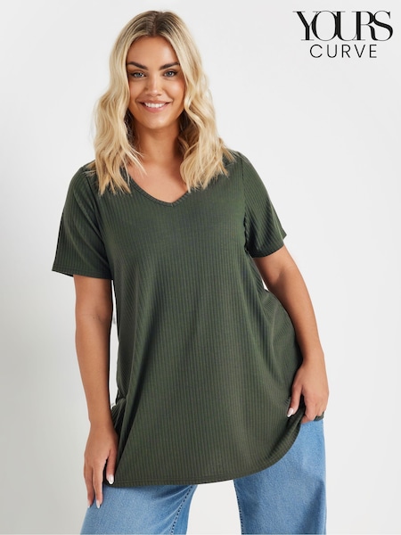 Yours Curve Green V-Neck Ribbed Swing T-Shirt (F75234) | £20