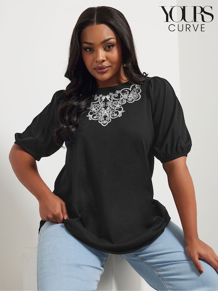 Yours Curve Black 100% Cotton Puff Sleeve Embroidery T-Shirt (F75244) | £22