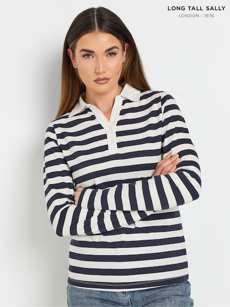 Long Tall Sally Blue 100% Cotton Striped Half Placket Polo T-Shirt (F75247) | £26
