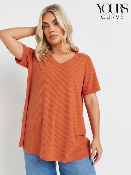 Yours Curve Orange V-Neck Ribbed Swing T-Shirt (F75249) | £20