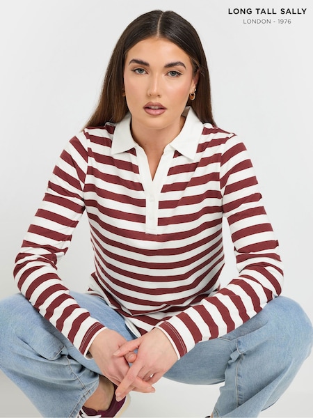 Long Tall Sally Brown 100% Cotton Striped Half Placket Polo T-Shirt (F75257) | £26
