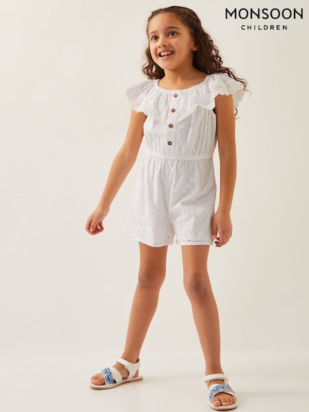 Monsoon White Broderie Ruffle 100% Cotton Playsuit (F75293) | £28 - £32