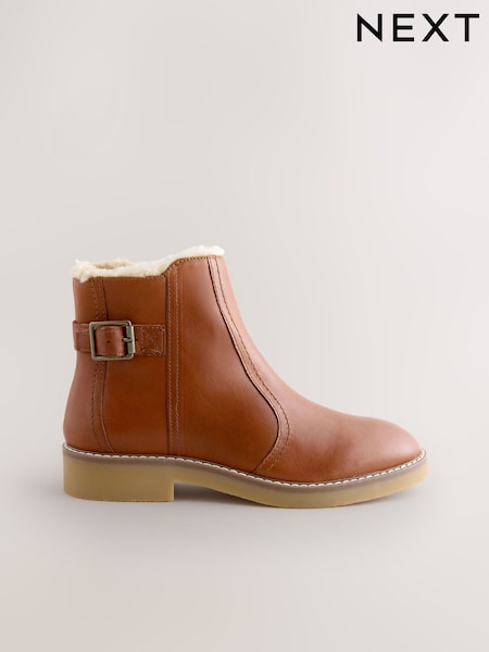 Tan Brown Leather Forever Comfort® Faux Fur Lined Buckle Trim Ankle Boots (F75367) | £72