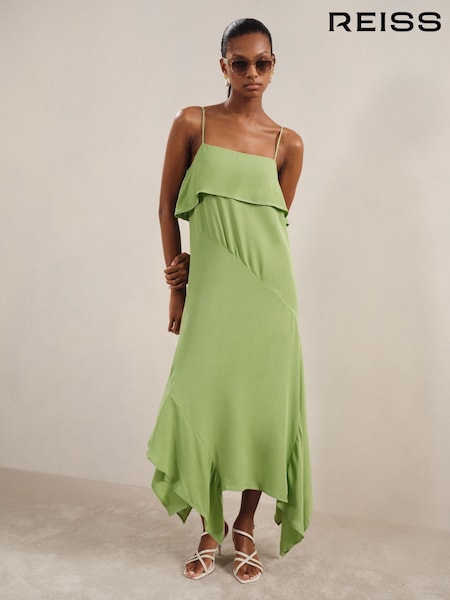 Reiss Green Alba Ruffle-Detail Midi Dress (F75736) | £198