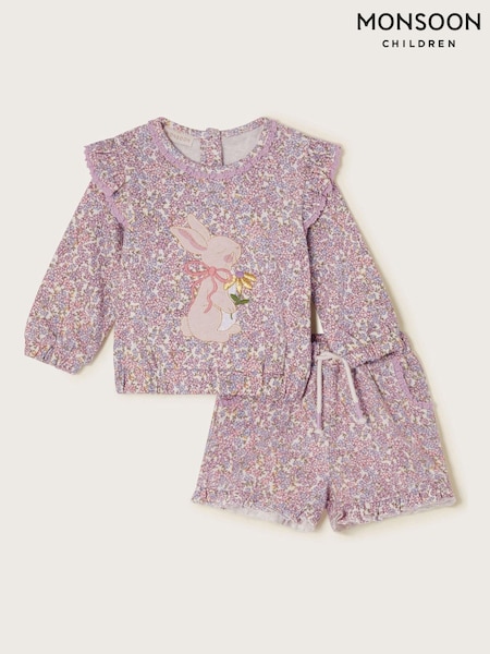 Monsoon Purple Bunny Appliqué Floral Print Sweatshirt and Shorts 100% Cotton Set (F75905) | £30