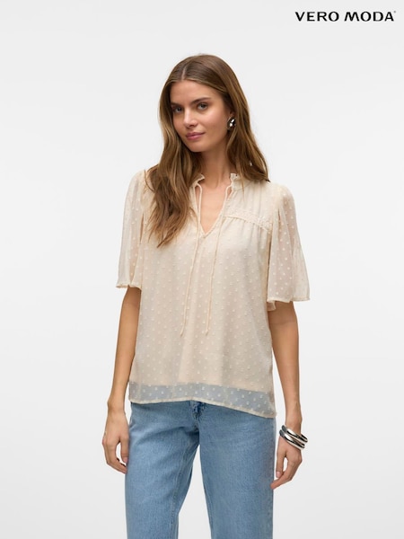 VERO MODA Cream Short Sleeve Dobby Blouse (F76218) | £26
