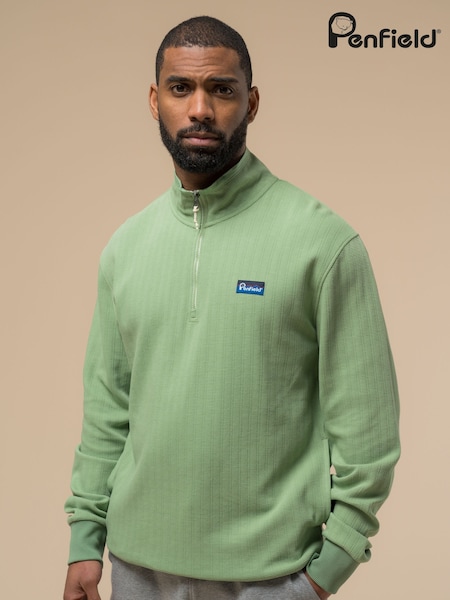 Penfield Green Mens Textured Stripe Half Zip Funnel Sweat Top (F76244) | £75