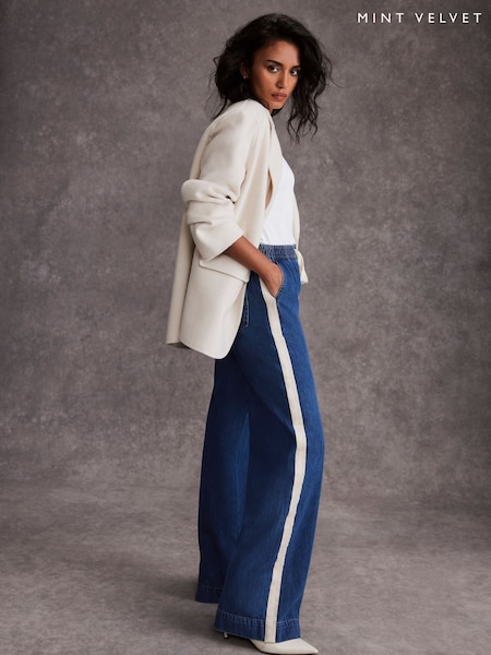 Mint Velvet Blue Tie Waist Side Stripe Wide 100% Cotton Jeans (F76394) | £99