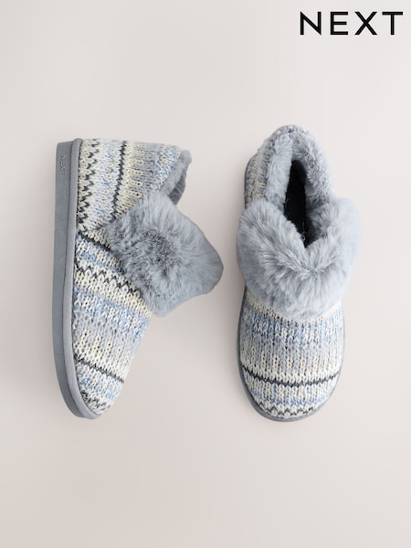 Grey Faux Fur Knit Shoot Slippers (F76446) | £22