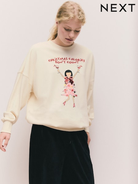 Ecru Seasonal Christmas Graphic 'Calories Don't Count' Longsleeve Sweatshirt with Sparkle Embroidery (F76710) | £32