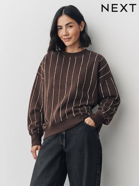 Brown/Pink Stripe Supersoft Peached Essentials Crew Neck Seam Detail Sweatshirt (F76717) | £22