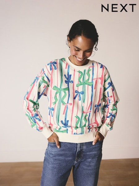 Pink/Blue Seasonal Bows All Over Print Graphic Longsleeve Crewneck Sweatshirt (F76723) | £30
