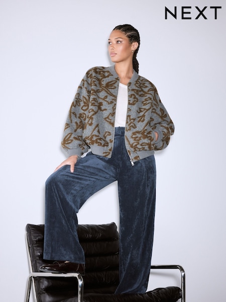 Grey Polyester Woollook Bubble Hem Ribbed Detail Bomber Jacket (F76725) | £52