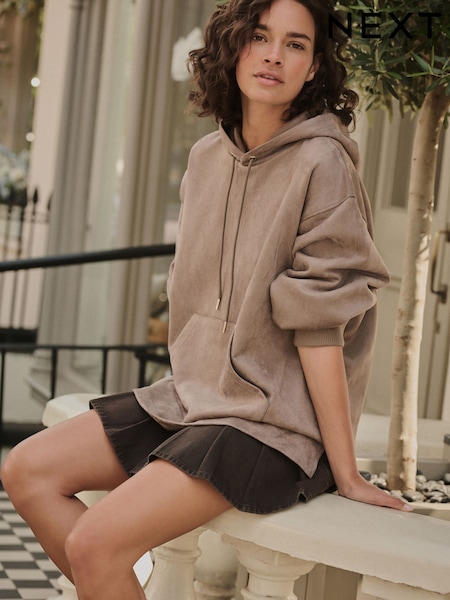 Taupe Brown Soft Suede Drawstring Hoodie (F76731) | £36