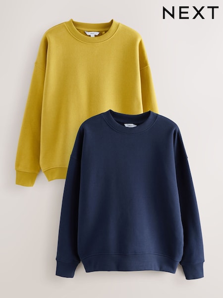 Navy/Oaker Yellow Supersoft Peached Essentials Crew Neck Seam Detail Sweatshirts 2 Pack (F76745) | £36
