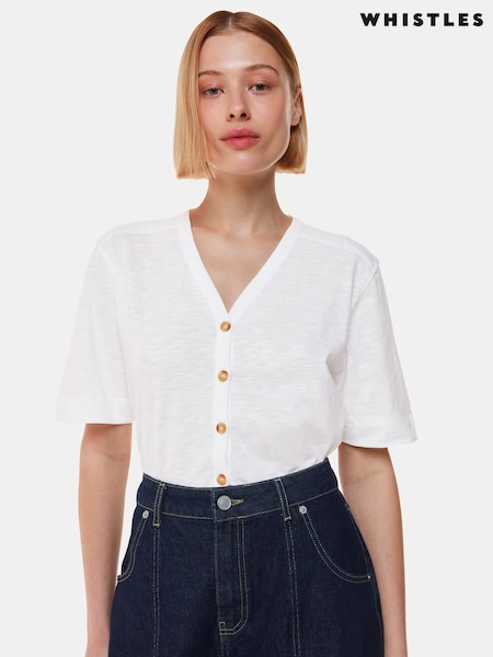 Whistles White Ella V-Neck Button Through 100% Cotton T-Shirt (F76769) | £55
