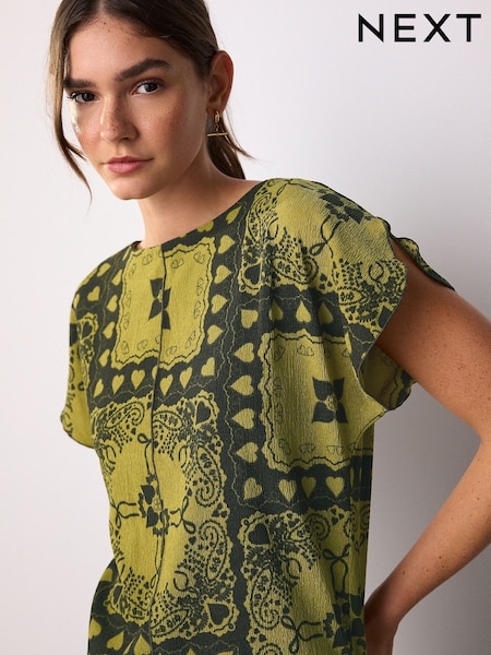 Ochre Patch Paisley Print Flutter Sleeve Textured Smart Top (F76976) | £22