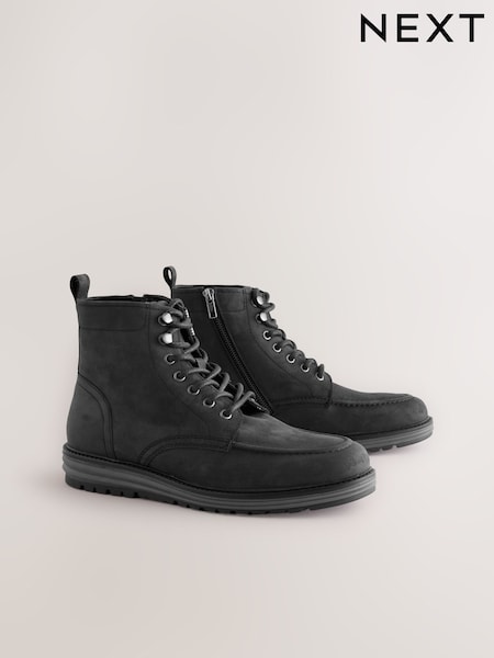 Black Tall Leather Apron Toe Boots (F77000) | £68