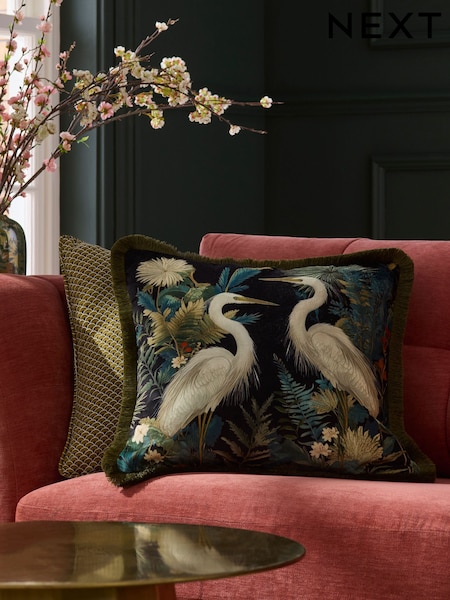 Teal Blue Printed Crane Velvet Cushion (F77039) | £22
