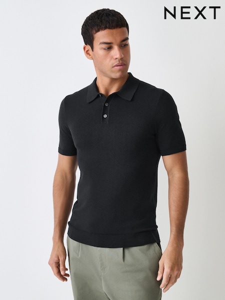 Black Muscle Fit Cotton Rich Short Sleeve Knit Polo Shirt (F77061) | £24