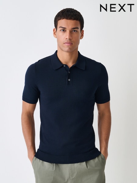 Navy Blue Muscle Fit Cotton Rich Short Sleeve Knit Polo Shirt (F77062) | £24