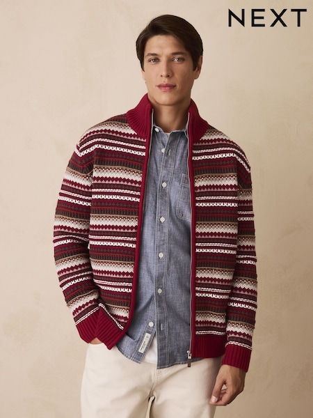 Red Regular Fit Cotton Rich Fairisle Pattern Zip Through Cardigan (F77063) | £48