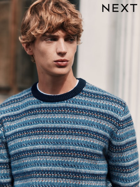 Blue Regular Fit Signature Fairisle Pattern Stripe Crew Neck Jumper with Lambswool (F77071) | £52