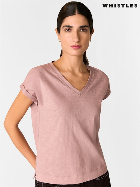 Whistles Pink Willa V-Neck Cap Sleeve 100% Cotton T-Shirt (F77102) | £35