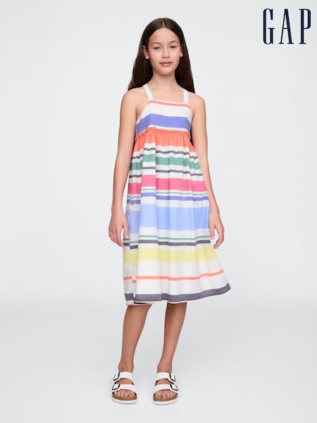 Gap White Rainbow Striped Cotton Square Neck Midi Dress (4-13yrs) (F77156) | £35