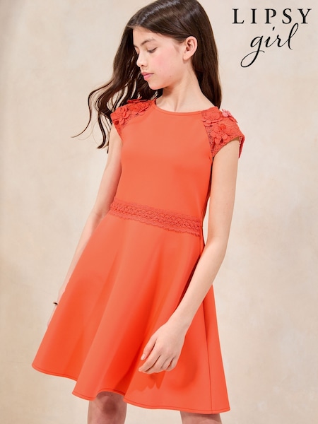 Lipsy Coral Pink Scuba 3D Lace Occasion Dress (5-16yrs) (F77185) | £47 - £55