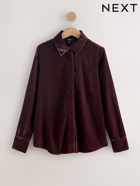 Chocolate Brown Velvet Long Sleeve Shirt (F77211) | £38