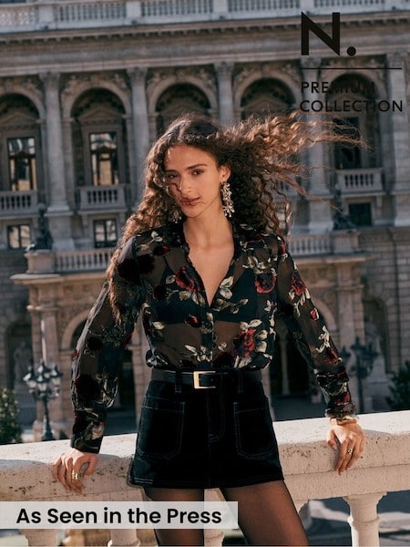 Black/Red Floral N.Premium Sheer Flocked Velvet Shirt (F77214) | £49